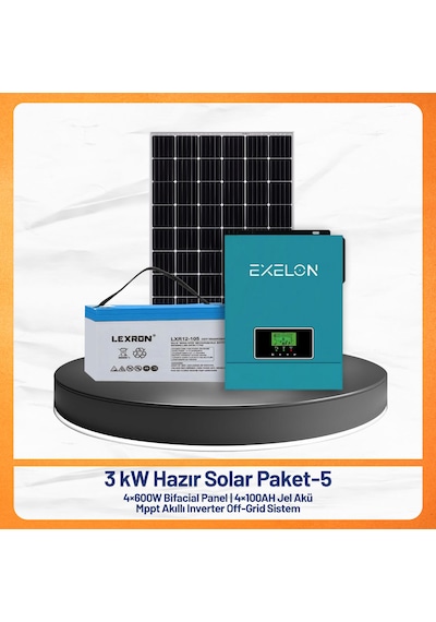 3 Kw Hazır Solar Paket - 5 4x600w Bifacial Panel + 4x100ah Jel Akü + Mppt Akıllı Inverter Off-grid Güneş Enerji Sistemi