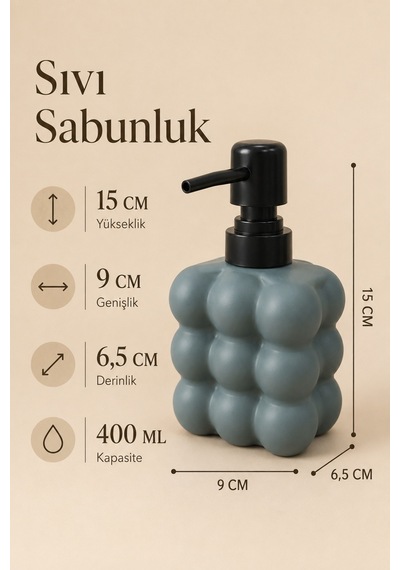 Modern Bubble Sıvı Sabunluk 400 Ml Siyah Pompalı Kabarcık Desenli Banyo Ve Mutfak Tezgâh Üstü Dispenser - 15 Cm X 9 Cm X 6,5 Cm Füme
