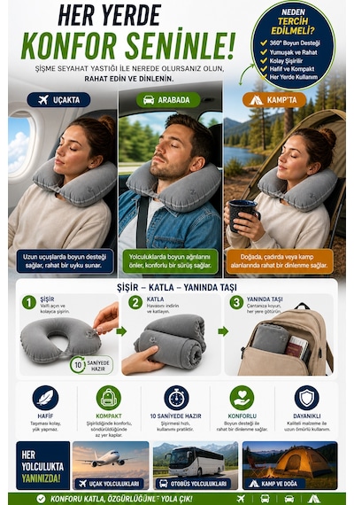 Gri Şişme Seyahat Boyun Yastığı Uçak Araç Kamp İçin Ergonomik Taşınabilir Travel Yastık