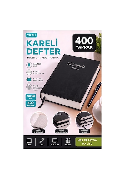 Ciltli Kareli Defter 400 Yaprak 20x28cm 1 Adet Çok Yapraklı Sert Kapaklı Not Hesap Defteri Okul Ofis Büro Siyah