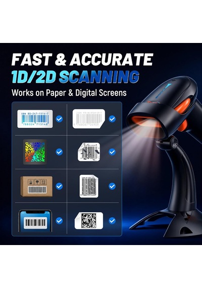 Hw0002 Kablosuz Barkod Okuyucu, 1d/2d/qr Kod Tarayıcı, Bluetooth/2.4g/usb 3 Ü 1 Arada, Titreşim Uyarılı & Şarj Göstergeli, Stand Dahil