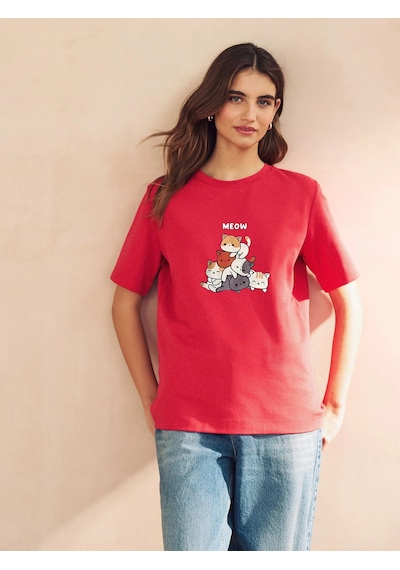 Unisex Meow Baskılı Tasarım Tshirt Kırmızı