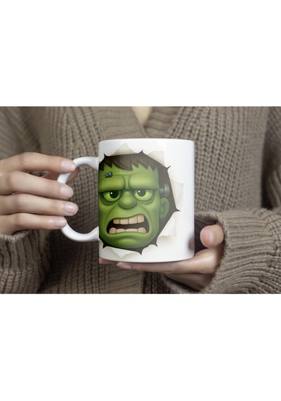 3 Boyutlu Frankenstein Kupa Bardak Yeşil Canavar Yüzü Derinlik Efektli Tasarım - Kabartmasız Beyaz