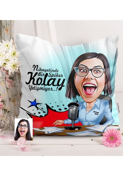 Kişiye Özel Bayan Sunucu Karikatürlü Saten Yastık - 1