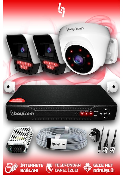 Bayicam 3 Kameralı Süper 1 İç Kamera Set HDD'siz 5 MP 2K Net Gece Görüşlü Güvenlik Kamerası Sistemi