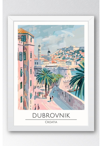 Hırvatistan Dubrovnik Temalı Çerçeveli Tablo Travel Serisi Modern İllüstrasyon Duvar Dekoru Beyaz