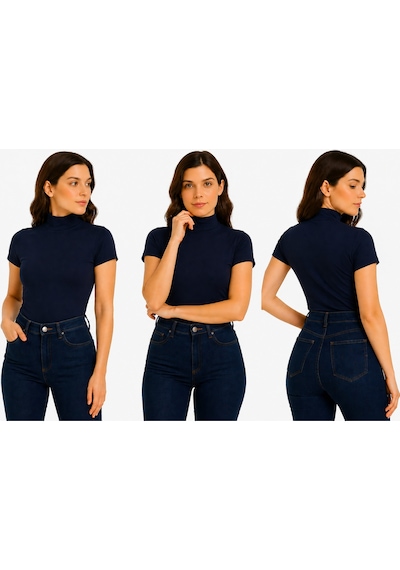 İngegno Body Yarım Balıkçı Yaka Kısa Kol Örme Kumaş Viskon Body Kadın Lacivert