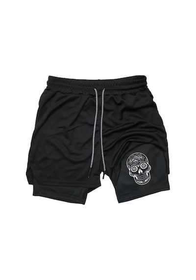 Maki Home Hızlı Kuruyan 2 İn 1 Yetişkin Unisex Spor Mexican Skull Baskılı Taytlı Şort Fitness Gym Antrenman Siyah