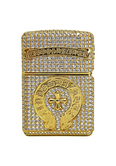 Zippo Özel Seri - Iced Out Zirkon Taşlı Haç Figürlü Lüks Çakmak Sarı