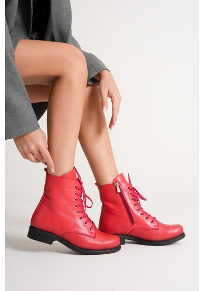 Analin Shoes Kadın Hakiki Deri Bağcıklı Ve Fermuarlı Bot Kırmızı
