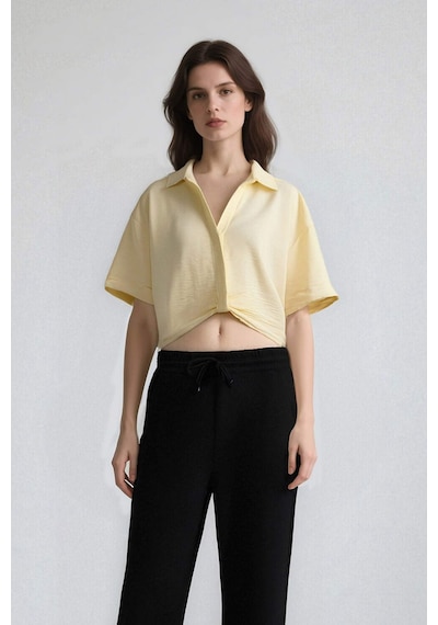 Defacto Cropped Fit Gömlek Yaka Keten Görünümlü Kısa Kollu Bluz C7799ax25sper135 Ekru