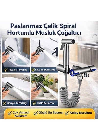 Polham Paslanmaz Çelik Spiral Hortumlu Musluk Çoğaltıcı Çift Çıkışlı, Sprey Başlıklı, Banyo Tuvalet Lavabo Temizlik Seti Krom
