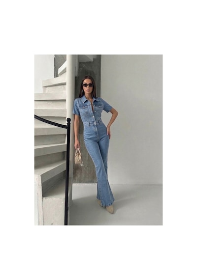 Bluemarlin Kısa Kol Buz Kar İspanyol Paça Likralı Denim Tulum Buz Kar