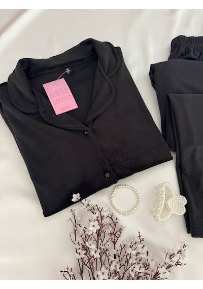 Mh Moony Homewears 2'li Siyah Gömlek Yumuşacık Kışlık Kadife Pijama Takımı Siyah
