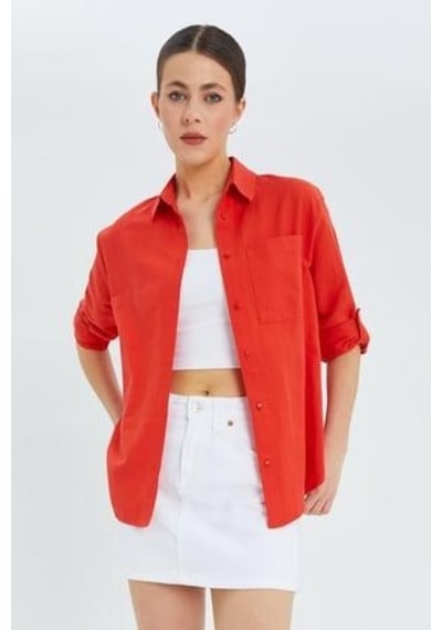 Mixray 9942 Kadın Oxford Uzun Kol Basic Gömlek Nar