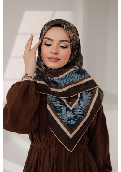 Mimiyum İz Desen Soft Eşarp Kahve Mavi Çok Renkli