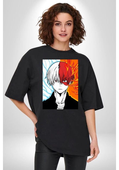 My Hero Academia Boku Anime Pamuklu Bisiklet Yaka Unisex Oversize Boyfriend Dijital Baskılı Siyah T-shirt Siyah