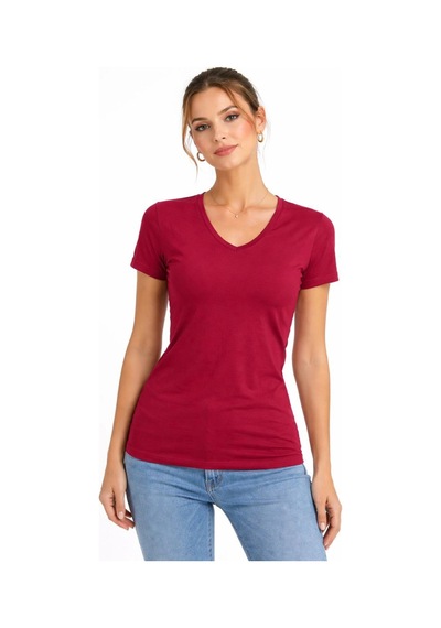 Wear Vexel Kadın T-shirt V Yaka Slim Fit Likralı Tişört Yazlık Basic Body - Kırmızı Bordo