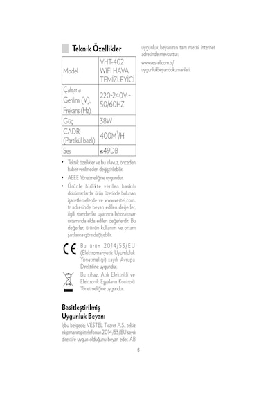 Vestel Vht-402 Wıfı Hava Temizleyici Diğer
