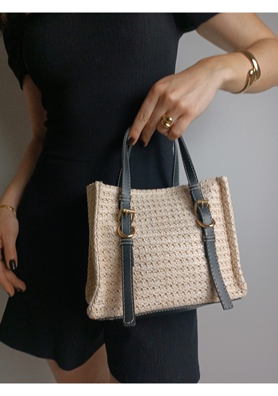 Glemix Asya Krem Siyah Kadın Hasır Örgülü Tokalı El Ve Omuz Çantası Krem Siyah