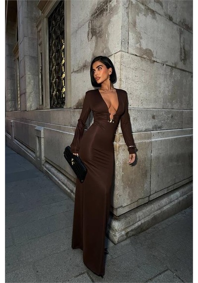 Neşeli Butik Kadın Derin Dekolteli Uzun Kollu Gold Toka Detaylı Maxi Boy Elbise Nbdf173 Kahverengi Neşeli Butik Kadın Derin Dekolteli Uzun Kollu Gold Toka Detaylı Maxi Boy Elbise Nbdf173 Kahverengi