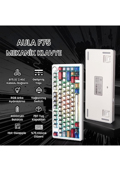 Aula F75 Mekanik Rgb Tkl Reaper Switch Kablosuz Makrolu Hot Swap Klavye Comic