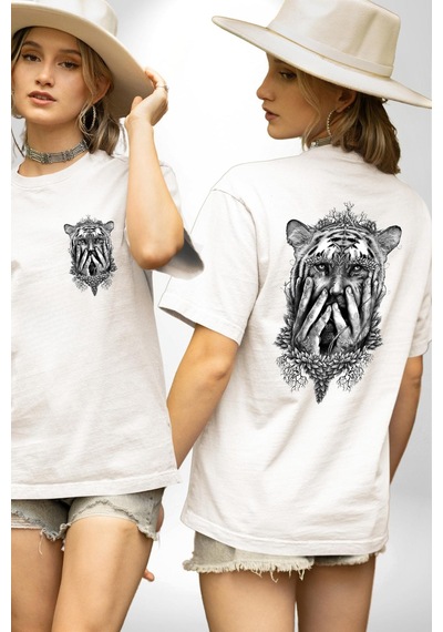 Yarım İnsan Yarım Leopar Mutant Leopar Kral Beyaz Oversize Unisex Ön Ve Sırt Baskılı Tişört Beyaz