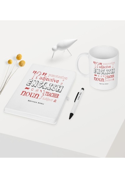 Kişiye Özel Ingilizce Öğretmeni Temalı Beyaz Defter Kalem Kupa Se N11.1996