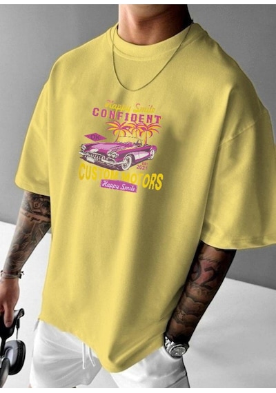 Custom Motor Baskılı Oversize Tişört Sari