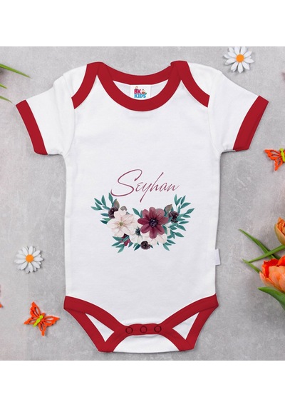 Bk Gift Bk Kids Kişiye Özel Çiçek Tasarımlı Kırmızı Bebek Body Zıbın-25 Çok Renkli