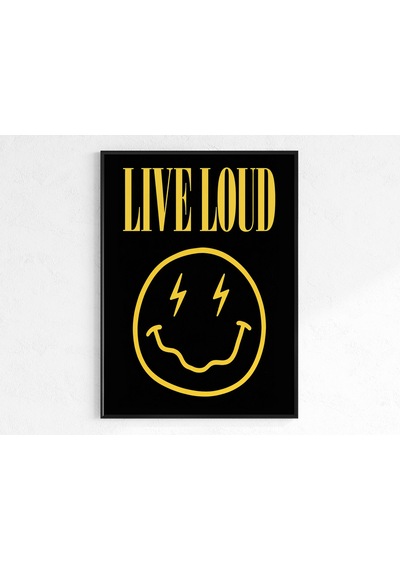 Live Loud Duvar Sanatı Yazdırılabilir Gülen Yüz Posteri Müziksever Duvar Sanatı Sarı Siyah Baskı Pozitif Alıntı Posteri Retro Müzik Dekorasyonu Gençler İçin