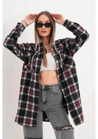 Polologin Butik Kadın Siyah Kırmızı Beyaz Çizgi Detaylı Kapşonlu Gömlek Kırmızı