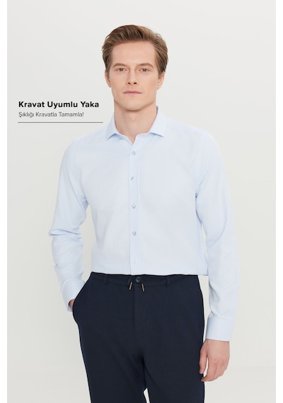 AC&Co / Altınyıldız Classics Erkek Mavi Kolay Ütülenebilir Slim Fit Dar Kesim İtalyan Yaka Armürlü Gömlek Mavi
