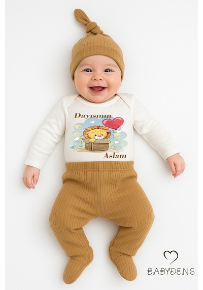 Babyden's Dayısının Aslanı Baskılı 3 Lü Bebek Takımı %100 Pamuklu Şapkalı Set Uzun Kol Çıtçıtlı Zıbın Şapka Açık Kahverengi