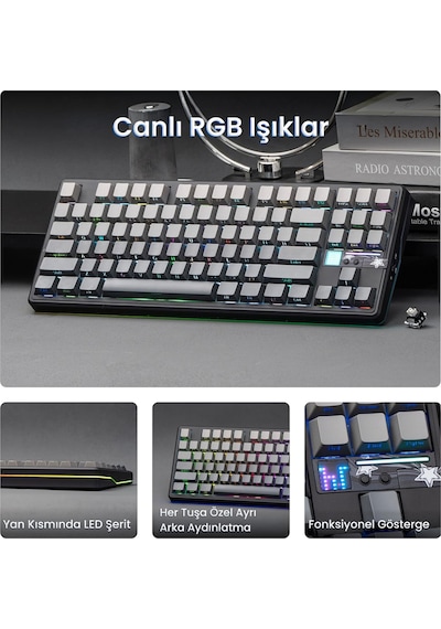 Aula F87 Pro V2 Mekanik Rgb Tkl Graywood V4 Switch Kablosuz Makrolu Hot Swap Klavye Gradyan Gri