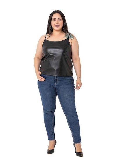 Disentis Büyük Beden Ayarlanabilir İnce Askılı Sırtı Lastikli Deri Siyah Bluz-siyah Siyah