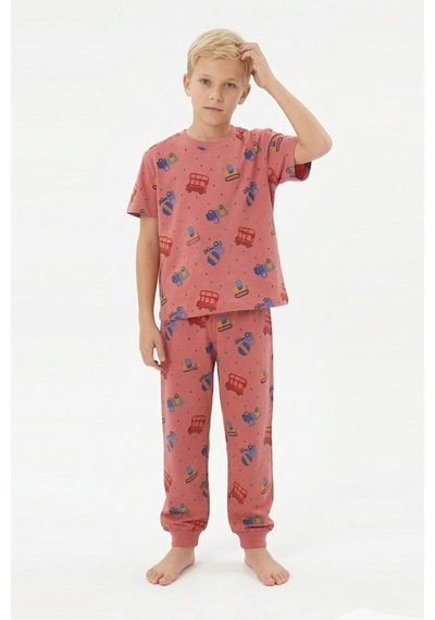 Modanıno Erkek Çocuk %100 Pamuk Kumaş Ve Baskılı Pijama Takımı 3-13 Yaş 12686ıs Mercan