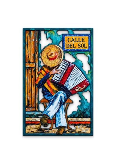 Güneş Sokağında Akordeoncu Metal Tablo 52x80 Cm Çok Renkli