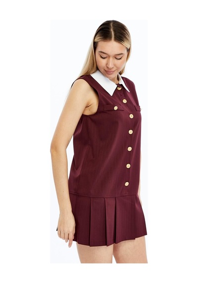 Selectmoda Kadın Çizgili Düğmeli Kolsuz Elbise Bordo