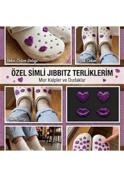 Temungur Mor Simli Kalp & Dudak Jibbitz Charm 4 Lü Set Terlik Süsü, Parlak Glitter Terlik Aksesuarı Çok Renkli