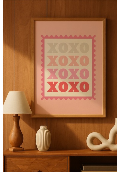 Xoxo Ahşap Çerçeveli Poster, Dekoratif Pembe Duvar Tablosu