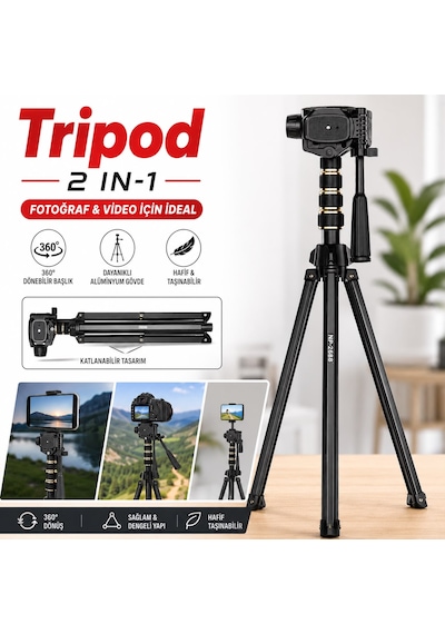 İphone 14 Pro Max Uyumlu 2'si 1 Arada Telefon & Kamera Tripodu 360 Döner Başlıklı Katlanabilir Taşınabilir Tripod