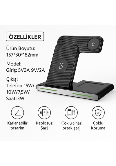 3 Ü 1 Arada Katlanabilir Kablosuz Şarj Cihazı - Telefon, Kulaklık
