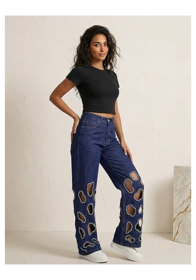 Orvelia Kristal Çerçeveli Pencere Detaylı Geniş Paça Denim Pantolon Eclipse Lacivert