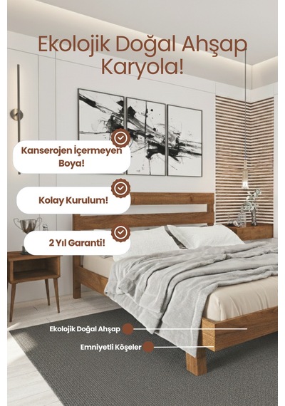 Renazzo Natura New Masif Ahşap Karyola Ceviz 120x200 Ceviz - 120 X 200