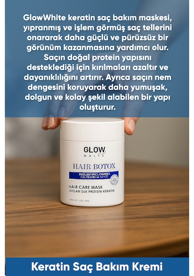 Glow Whıte Keratin Saç Botoksu Argan, Keratin Ve İpek Proteinli Yoğun Bakım Maskesi 300 Ml
