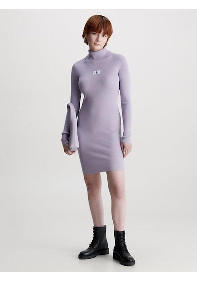 Badge Roll Neck Sweater Dress Purple