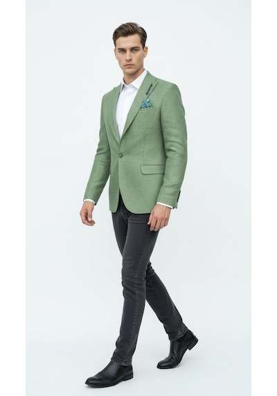 Plus Scorpion Erkek Dokulu Kumaş Slim Fit Blazer Ceket Şık Modern Kesim Tek Düğmeli Yeşil
