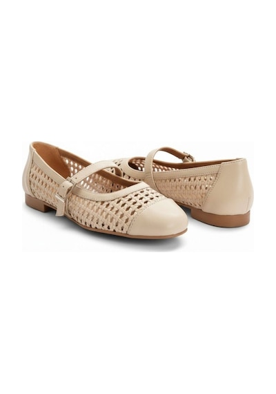 Ne&ve Shoes Bej Deri Biye Örgü Detaylı Tokalı Kadın Babet
