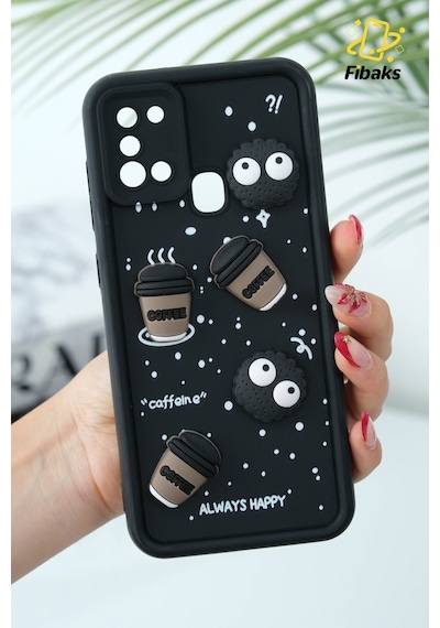 Fibaks Galaxy A21s Uyumlu Kılıf Tasarımlı Desenli Kamera Korumalı Coffee Kurabiye Siyah Yumuşak Silikon Kapak